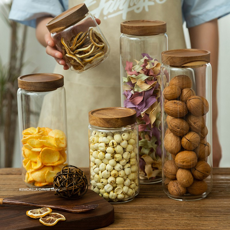 Food Storage With Glass Lids - Wood Lid Glass Airtight Canister Kitchen